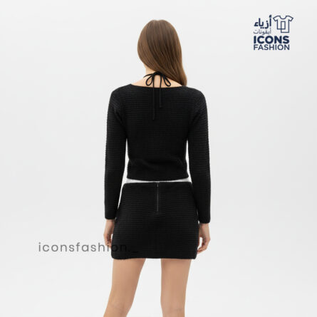 Black-women-fuzzy-three-piece-co-ord-set-cropped-cardigan-halter-bralette-mini-skirt-winter-wear-outfit