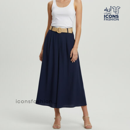 Women-navy-blue-high-waist-maxi-skirt-flared-a-line-long-skirt-with-belt-elegant-casual-wear