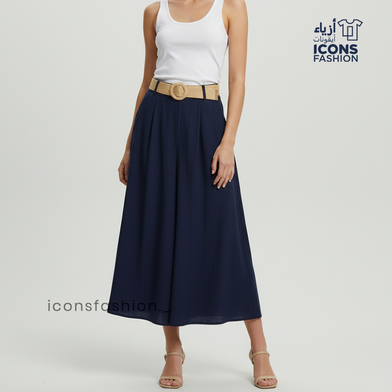 Women-navy-blue-high-waist-maxi-skirt-flared-a-line-long-skirt-with-belt-elegant-casual-wear