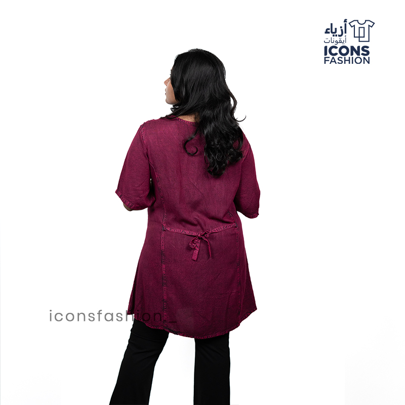 Maroon-embroidered-casual-top-for-women-with-wooden‑style-front-buttons-and-relaxed-fit