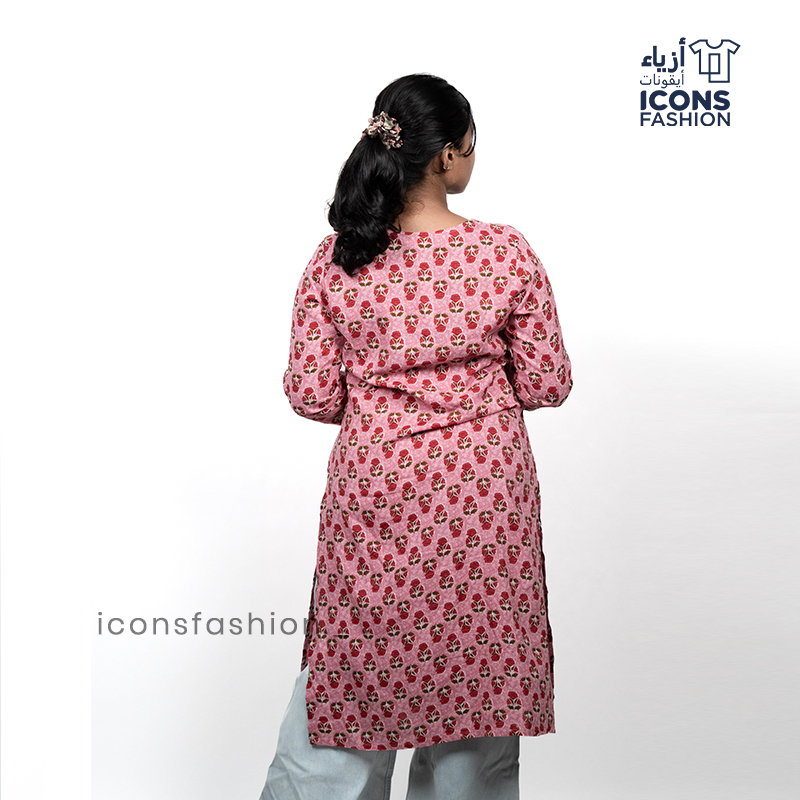 Pink-ethnic-print-kurti-for-women-knee‑length-comfortable-regular-fit-style