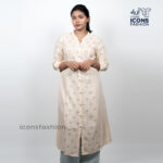 Women-Off-white-printed-straight-kurti-with-mandarin-collar-and-front-button-closure-3-4-sleeves-casual-office-wear-ethnic-top