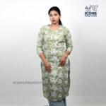 Women-sage-green-floral-printed-straight-kurti-with-round-neck-and-3-4-sleeves-daily-wear-ethnic-top