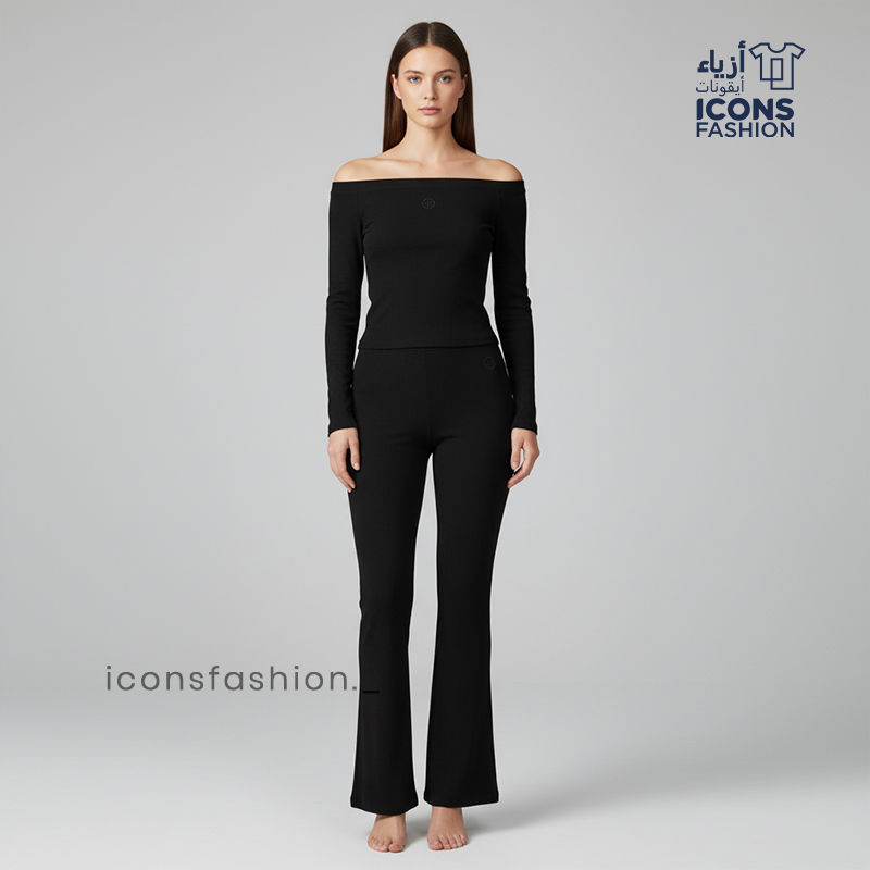 Black-off-shoulder-co-ord-set-for-women-with-long-sleeve-top-and-fitted-pants