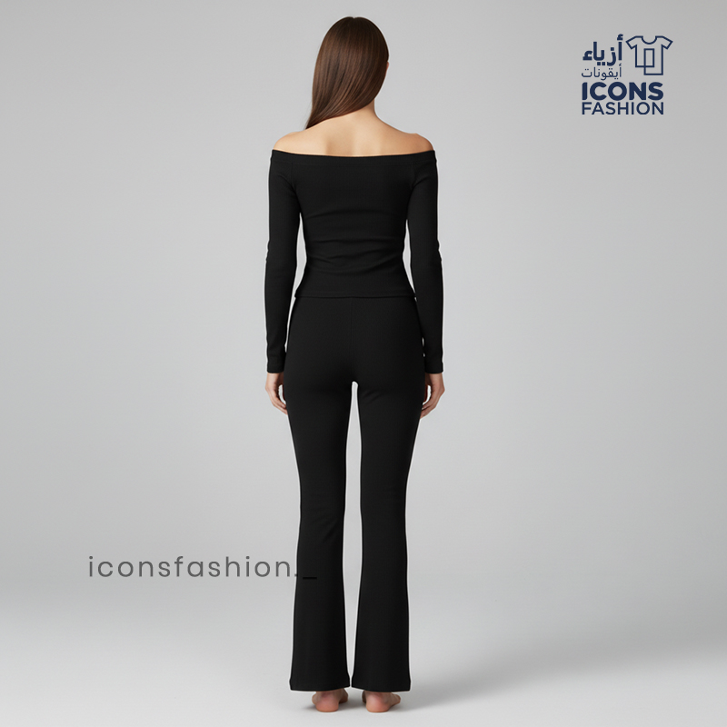 Black-off-shoulder-co-ord-set-for-women-with-long-sleeve-top-and-fitted-pants