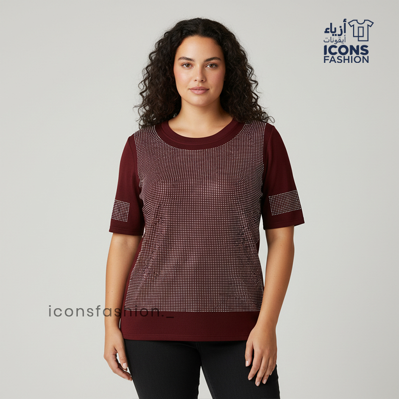 Maroon-shimmer-embellished-top-for-women-with-round-neck-and-short-sleeves