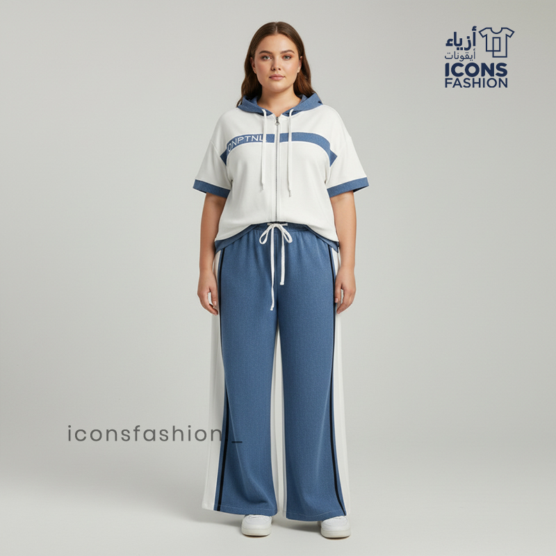 White-and-blue-sporty-co-ord-set-for-women-with-hooded-zipper-top-and-wide-leg-pants