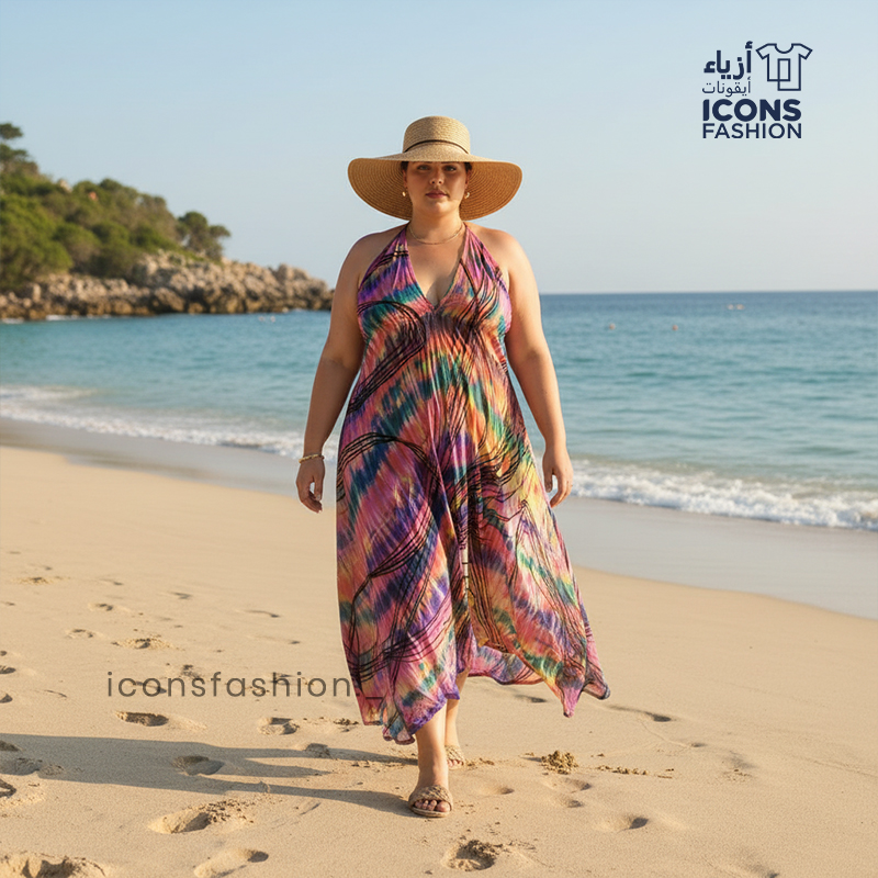 Multicolor-printed-sleeveless-halter-neck-maxi-dress-for-women-with-flowy-silhouette-worn-at-the-beach