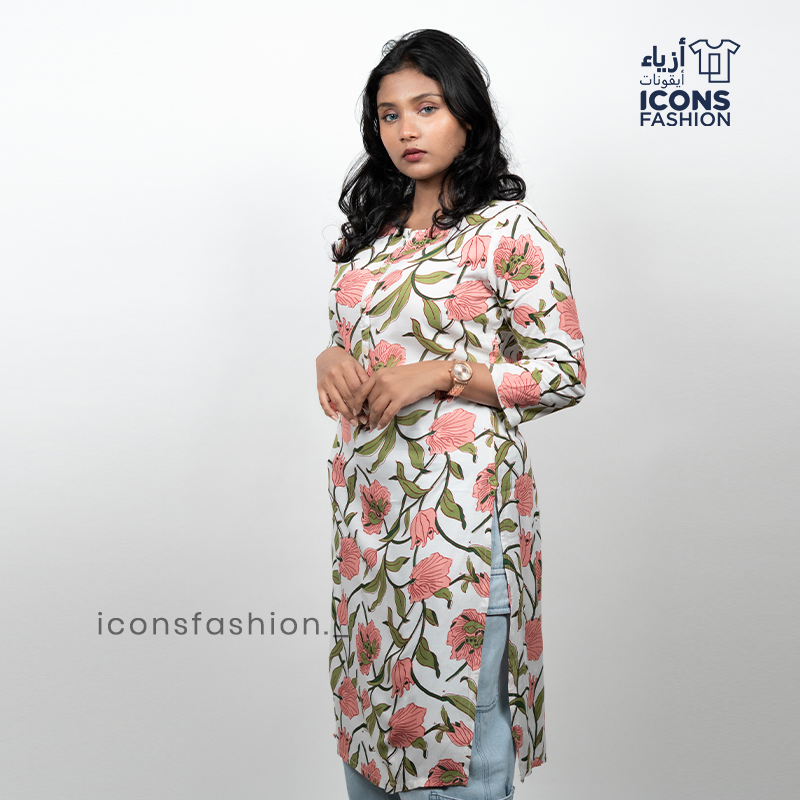White-cotton-blend-straight-kurti-with-pink-floral-print-round-neck-3/4-sleeves-and-below-knee-length-design-for-women