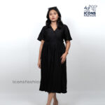 Women-black-pleated-midi-dress-with-v-neck-and-short-flutter-sleeves-for-party-wear