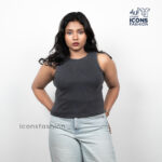 Woman-black-sleeveless-ribbed-tank-top-with-slim-fit-and-high-round-neckline