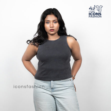 Woman-black-sleeveless-ribbed-tank-top-with-slim-fit-and-high-round-neckline
