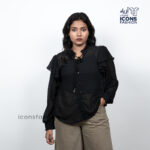 Black-sheer-ruffle-sleeve-button-front-top-for-women