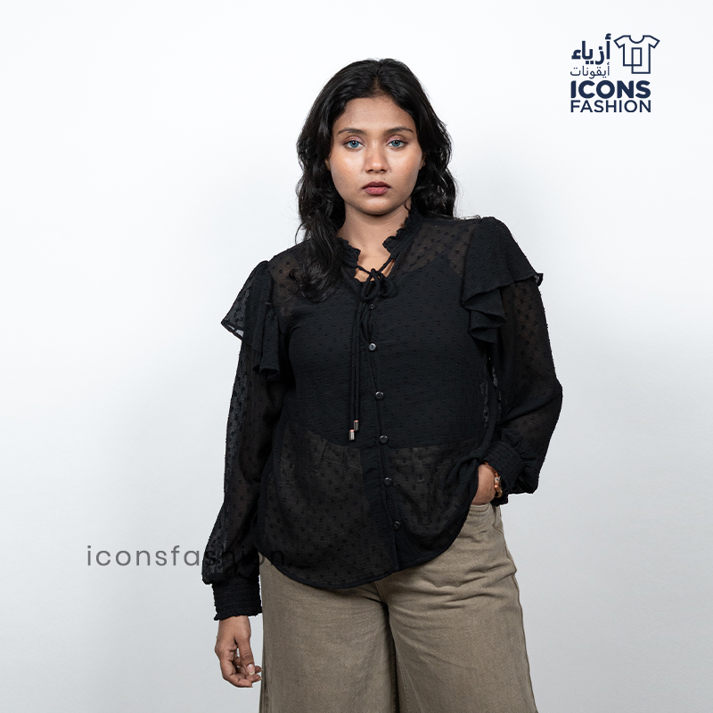 Black-sheer-ruffle-sleeve-button-front-top-for-women