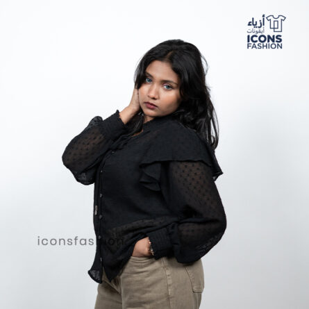 Black sheer ruffle top for Women | Button-front long-sleeve top - Image 3