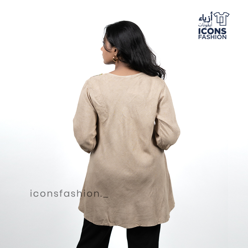 Beige-printed-flared-ethnic-dress-for-women-with-v-neck-and-long-sleeves