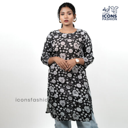 Black-printed-kurti-for-women-with-floral-motifs-round-neck-three-quarter-sleeves