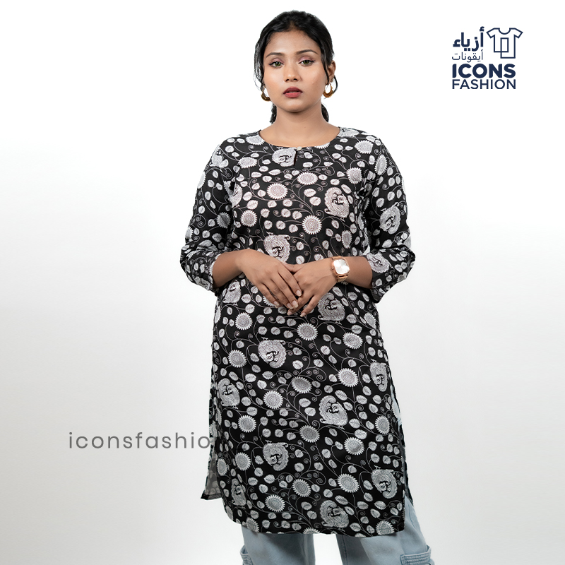 Black-printed-kurti-for-women-with-floral-motifs-round-neck-three-quarter-sleeves