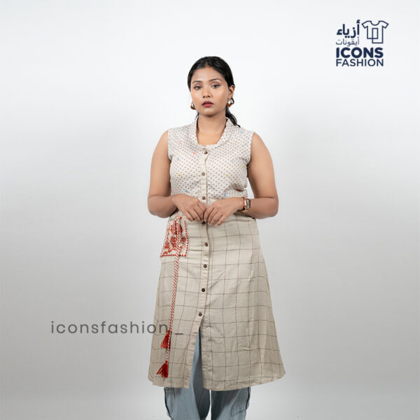 Beige-sleeveless-printed-straight-kurti-for-women-with-mandarin-collar-and-button-front