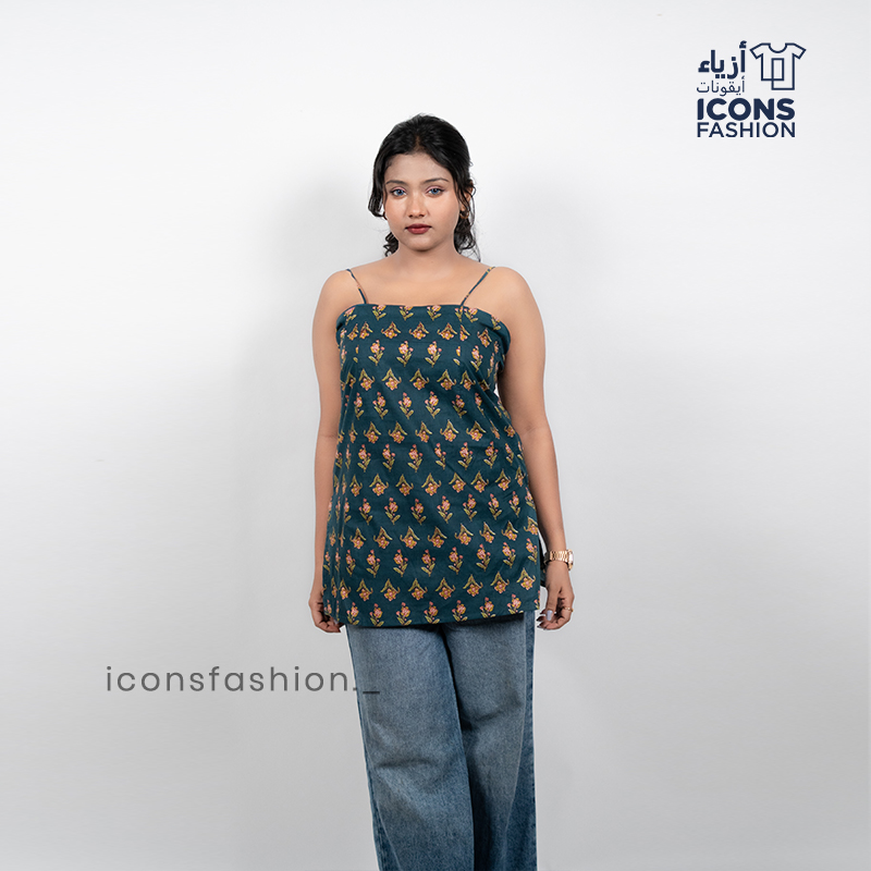 Dark-green-printed-sleeveless-spaghetti-strap-top-for-women-with-back-tie-up-detail