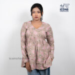 Beige-printed-v-neck-long-sleeve-kurti-top-for-women-with-relaxed-fit