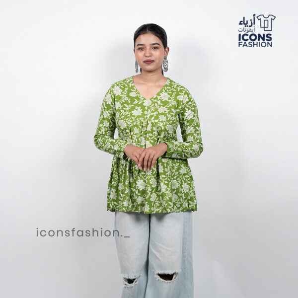 Green-floral-print-v-neck-long-sleeve-peplum-top-for-women