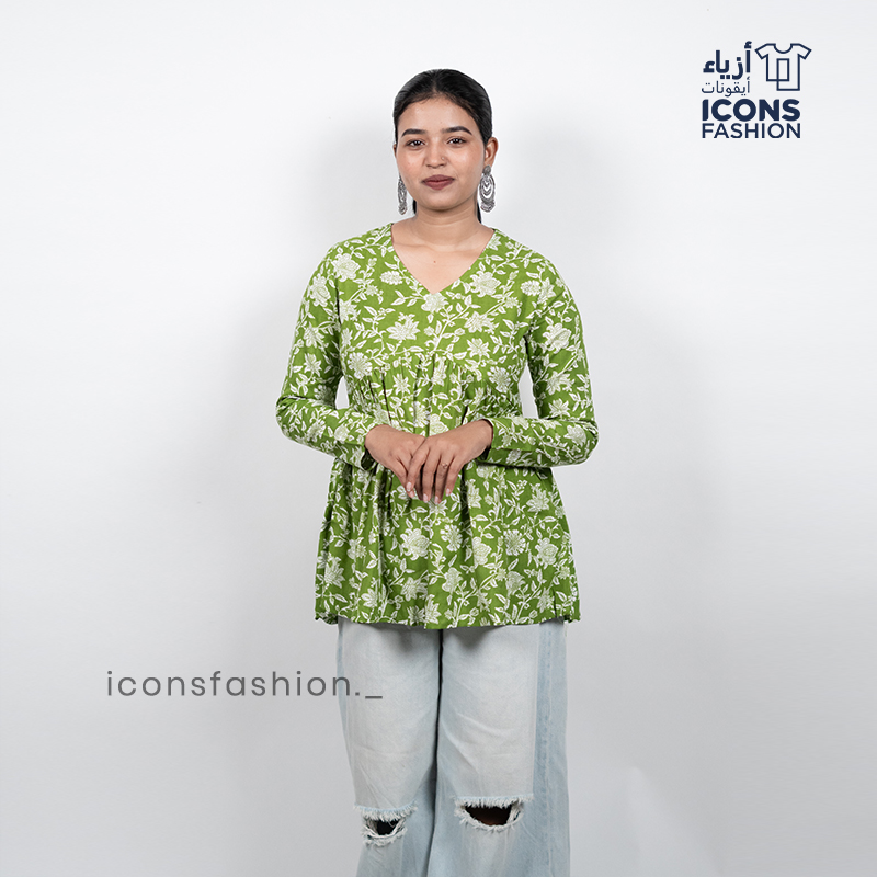 Green-floral-print-v-neck-long-sleeve-peplum-top-for-women