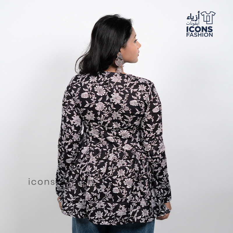 Black-white-floral-print-v-neck-long-sleeve-peplum-top-for-women