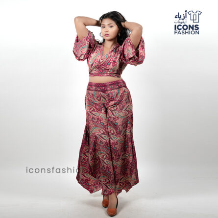 Women-rose-pink-paisley-printed-crop-top-and-flowy-wide-leg-pants-co-ord-set-with-full-sleeves