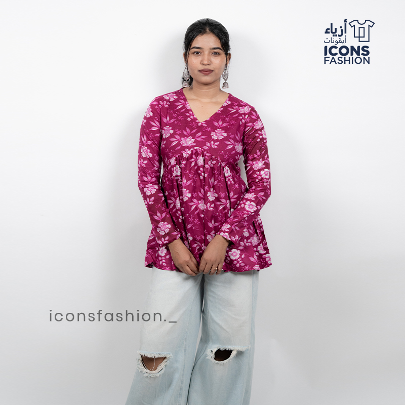 Pink-floral-printed-short-kurti-for-women