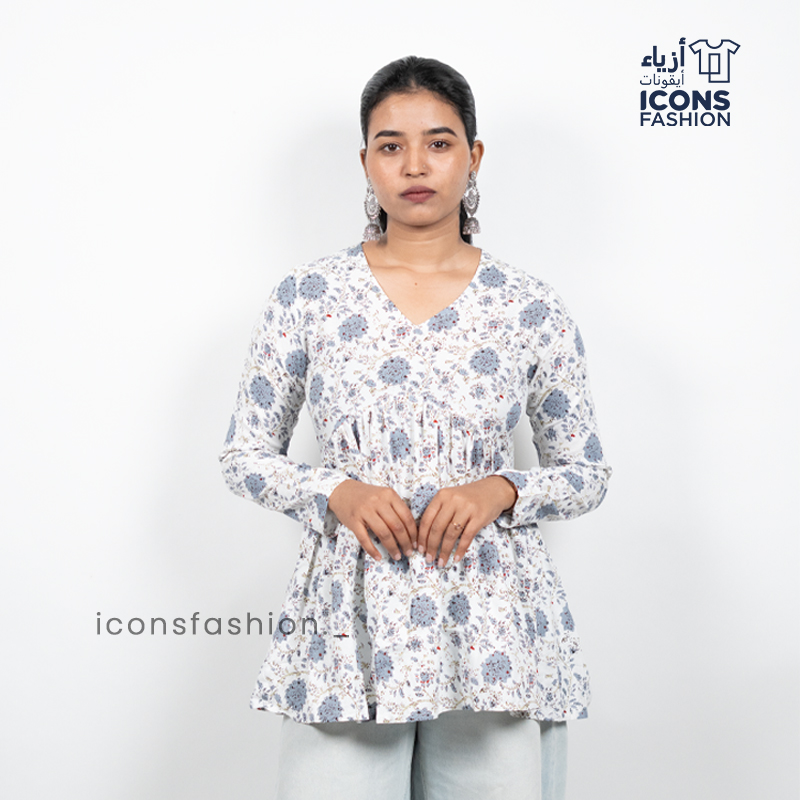 Women-white-and-blue-printed-flared-kurta-with-v-neck-and-long-sleeves