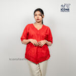 Red-embroidered-tunic-top-for-women-with-v-neck-and-elbow-length-sleeves
