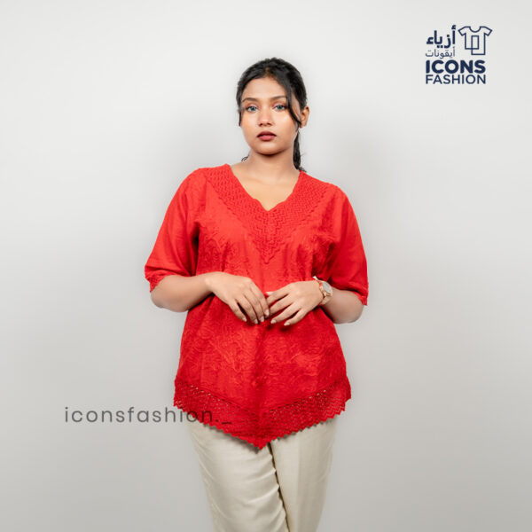 Red-embroidered-tunic-top-for-women-with-v-neck-and-elbow-length-sleeves