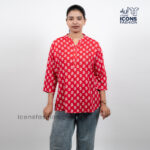Red-printed-tunic-top-with-mandarin-collar-and-three-quarter-sleeves
