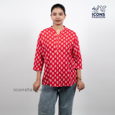 Red-printed-tunic-top-with-mandarin-collar-and-three-quarter-sleeves
