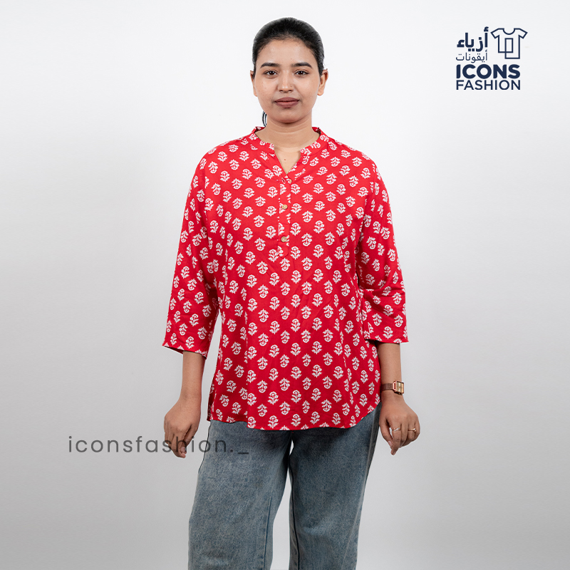 Red-printed-tunic-top-with-mandarin-collar-and-three-quarter-sleeves