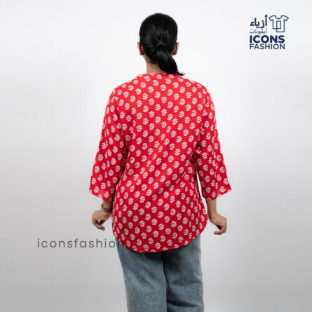 Red-printed-tunic-top-with-mandarin-collar-and-three-quarter-sleeves