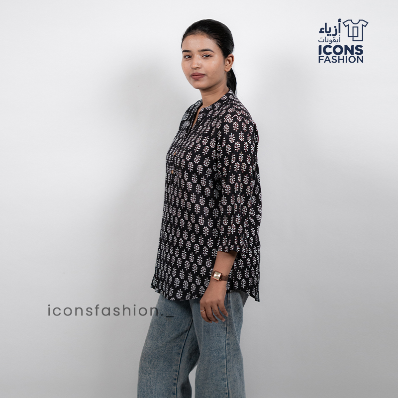 Black-printed-tunic-top-with-mandarin-collar-and-three-quarter-sleeves