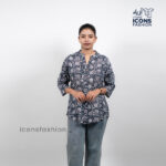 Grey-floral-printed-tunic-top-with-mandarin-collar-and-three-quarter-sleeves