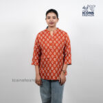 Women-red-printed-tunic-top-three-quarter-sleeves-mandarin-neckline