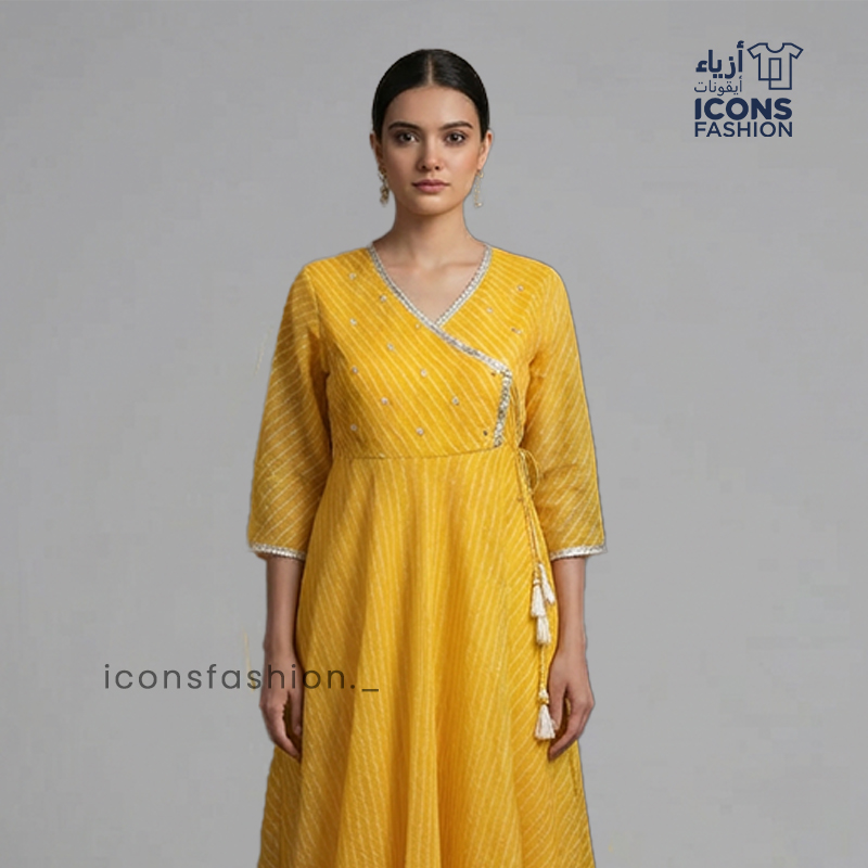 Women-yellow-Anarkali-kurta-with-V-neck-wrap-style-and-3/4-sleeves