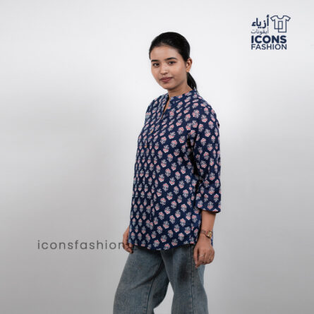 Women-navy-blue-floral-printed-tunic-top-with-band-collar-and-three-quarter-sleeves