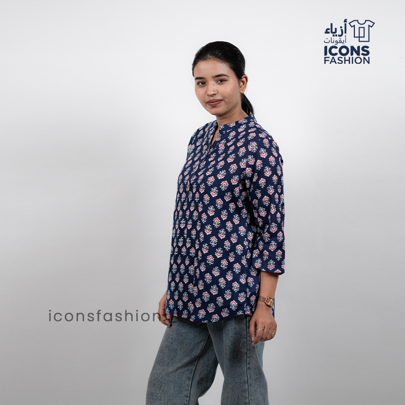 Women-navy-blue-floral-printed-tunic-top-with-band-collar-and-three-quarter-sleeves
