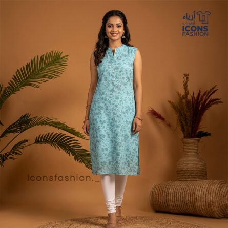 Women-light-blue-floral-printed-sleeveless-straight-kurta-with-mandarin-collar-and-knee-length-design