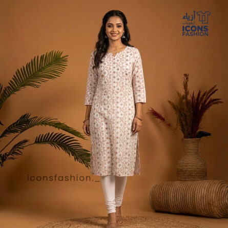 Women-off-white-printed-straight-kurta-with-round-neck-notch-and-three-quarter-sleeves