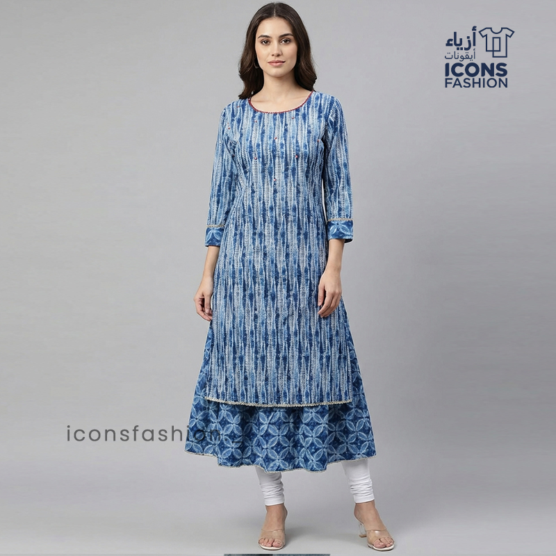Blue-handblock-printed-cotton-kurta-dress-with-detachable-flared-hem-panel-round-neck-three-quarter-sleeves