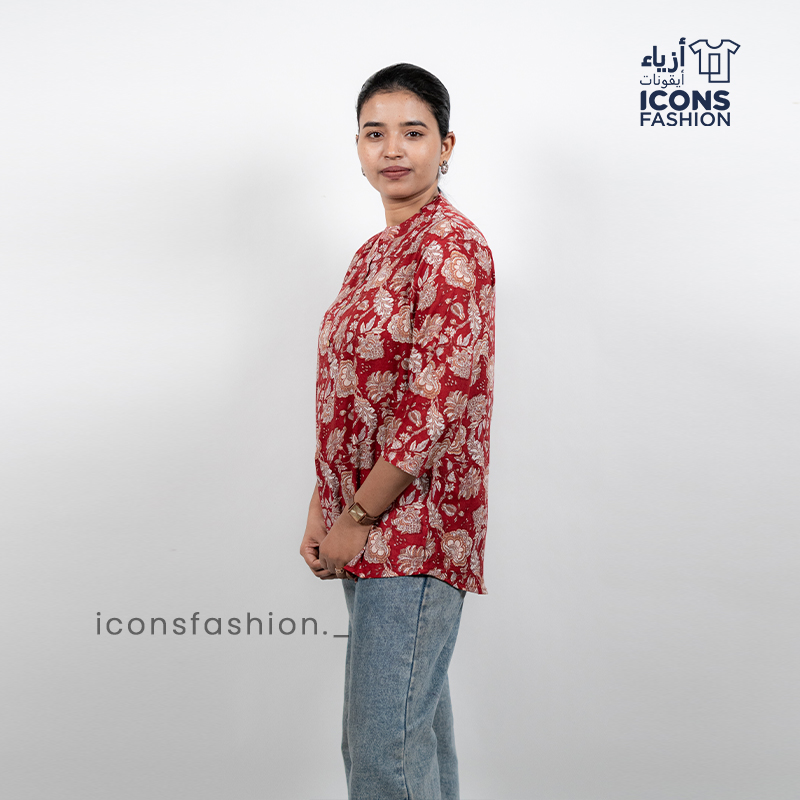 Red-floral-printed-womens-tunic-top-with-mandarin-collar-and-three-quarter-sleeves