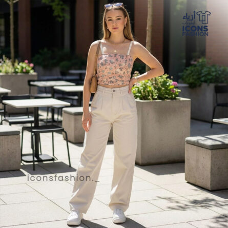 Woman-wearing-peach-floral-square-neck-crop-top-with-spaghetti-straps