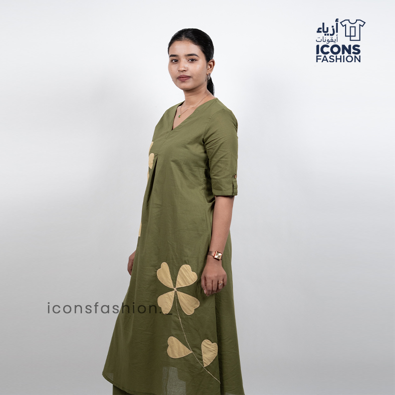 Women-olive-green-printed-kurta-co-ord-set-with-v-neck-and-straight-pants