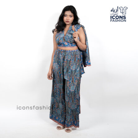Women-blue-paisley-printed-dress-style-co-ord-set-with-crop-top-and-palazzo-pants-shrug